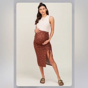 Pink blush brown rust floral rouched side slit bodycon midi skirt - Medium